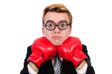 Young businessman boxer isolated on white