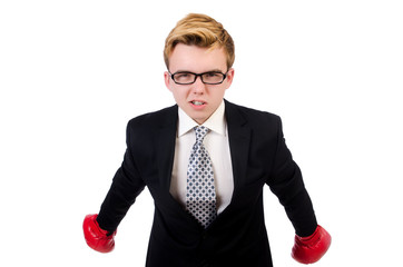 Young businessman boxer isolated on white