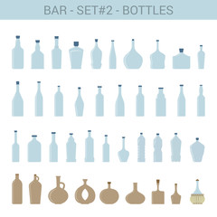 Flat style alcohol bottles vector icon set. Champagne, wine.