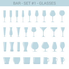 Flat style glass alcohol vector icon set. Champagne, wine etc.
