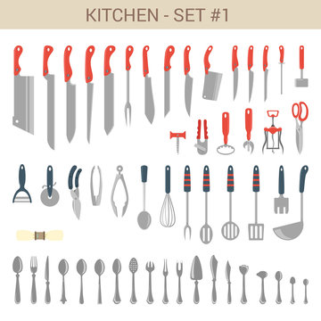 Flat style tableware cutlery vector icon set. Knifes, accessory.