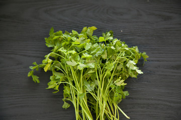 Branch of fresh parsley on a wooden desk