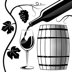 wine glass and bottle and wooden barrel imitation of engraving