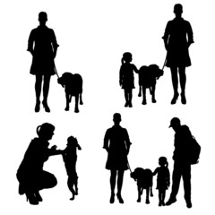Vector silhouette of people with dog.