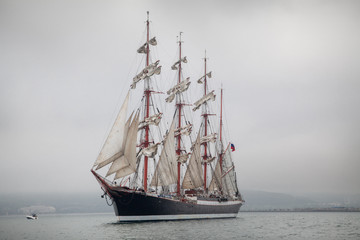 Old ship sailing in the sea