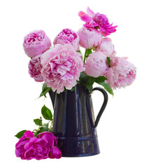 bouquet of pink peonies in blue pot