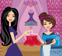 girl with sewing machine and elegant client