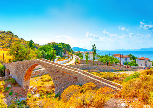 view to the sea from Vlychos village in Hydra island in Greece