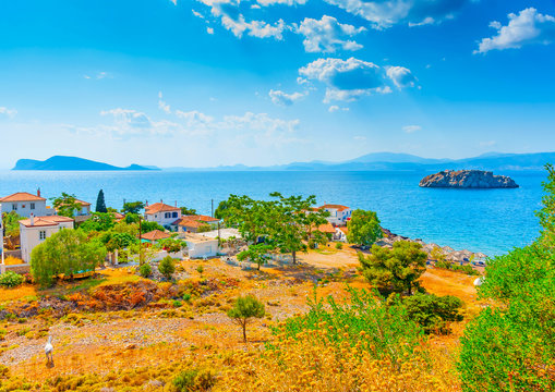 view to the sea from Vlychos village in Hydra island in Greece