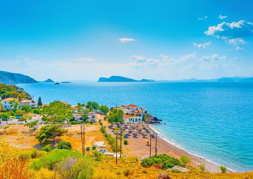 view to the sea from Vlychos village in Hydra island in Greece