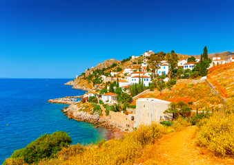 Kamini port a beautiful village in Hydra island in Greece