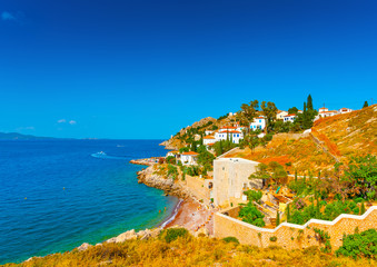 Kamini port a beautiful village in Hydra island in Greece