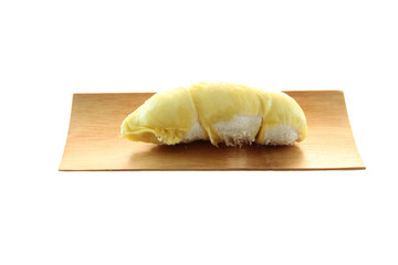 peeled durian in bamboo dish isolated.
