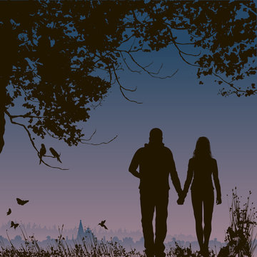 Lovers at night, romantic nature background