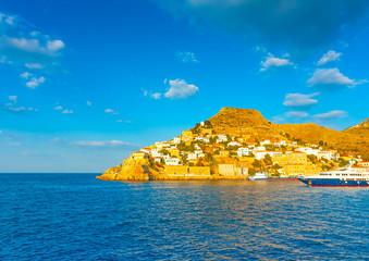 The beautiful old main port of Hydra island in Greece