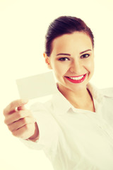 Beautiful business woman holding personal card.