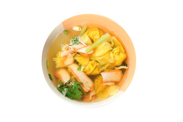 Wonton noodles soup in bowl of isolated.