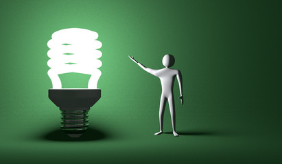 Glowing light bulb and 3d man on green