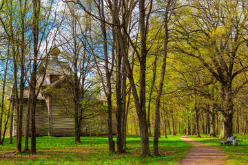Fototapeta premium medieval wooden Orthodox church in the park