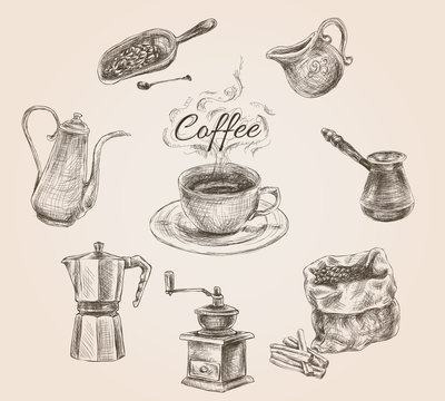 Hand drawn retro coffee set