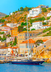 beautiful sailing yacht in the port of Hydra island in Greece