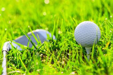 ball on a stand and a golf club