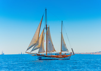 classic wooden sailing boat in Spetses island in Greece