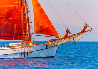 Bow of a classic wooden sailing boat in Spetses island in Greece