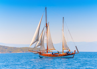 Old classic wooden sailing boat in Spetses island in Greece