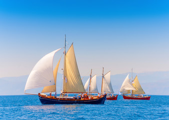 Fototapeta premium several classic sailing boats in Spetses island in Greece