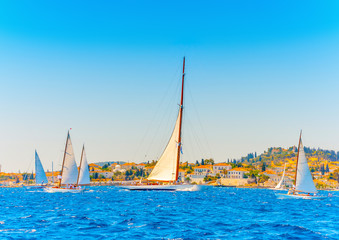 Fototapeta premium several classic sailing boats in Spetses island in Greece