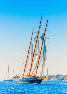 A  big 3 mast classic sailing boat in Spetses island in Greece
