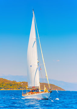 Classic wooden racing sailing boat in Spetses island in Greece