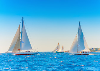 Fototapeta na wymiar several classic sailing boats in Spetses island in Greece