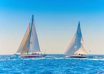 Fototapeta na wymiar several classic wooden sailing boats in Spetses island in Greece