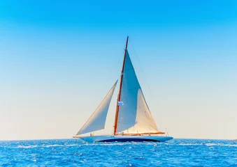 Light filtering roller blinds Sailing Classic wooden racing sailing boat in Spetses island in Greece