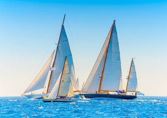 Obraz premium several classic wooden sailing boats in Spetses island in Greece