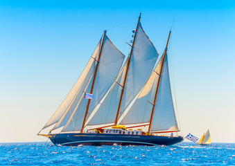 A  big 3 mast classic sailing boat in Spetses island in Greece