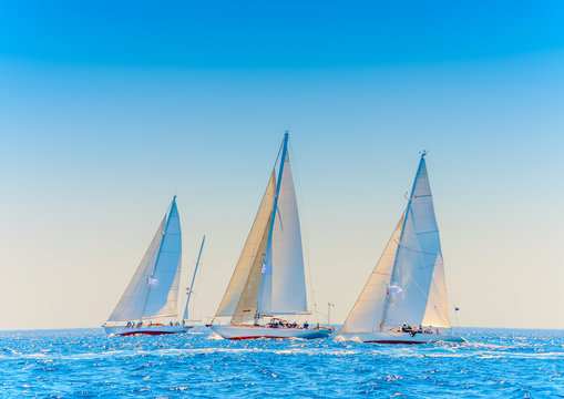 several classic sailing boats in Spetses island in Greece