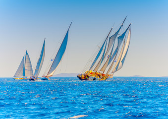 Fototapeta premium several classic wooden sailing boats in Spetses island in Greece