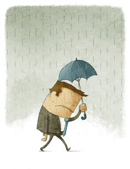 Illustration of Depressed Businessman walking under umbrella