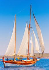 Old classic wooden sailing boat, in Spetses island in Greece