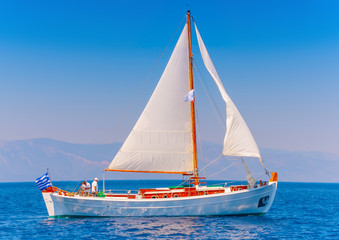 Classic wooden Greek boat (Kaiki) in Spetses island in Greece