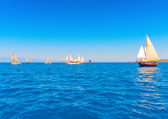 Fototapeta premium several old wooden sailing boats in Spetses island in Greece