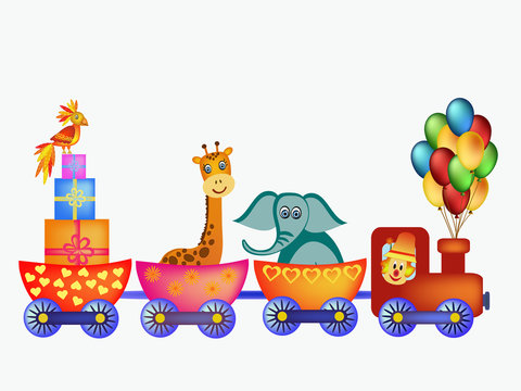 parrot, giraffe, elephant  in train frame