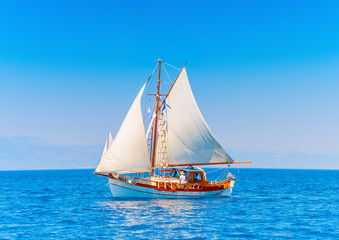 Old wooden Greek boat (Kaiki) in Spetses island in Greece - 65912402