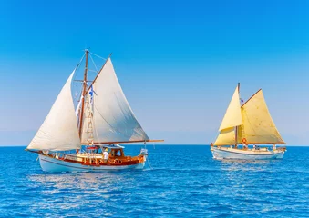Deurstickers Zeilen 2 classic wooden sailing boats in Spetses island in Greece