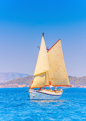 Fototapeta na wymiar Old wooden Greek boat (Kaiki) in Spetses island in Greece