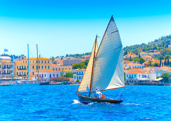 Classic wooden racing sailing boat, in Spetses island in Greece