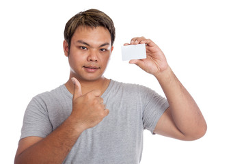 Asian man thumbs up show a blank card